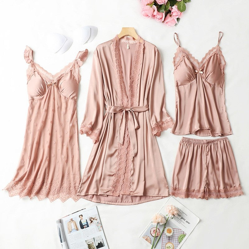 Satin Lady Robes Suit Sexy Kimono Bathrobe Gown Full Slip Lace Nightwear With Strap Nightgown Lingerie Summer Sleepwear With Bow