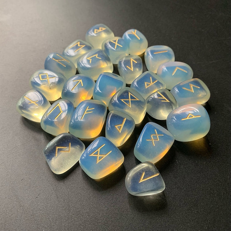 White Opalite Opal Rune Stones Set Tumble Stones Polished Viking Nordic Runes Amulet Divination Crystal 25pcs/set