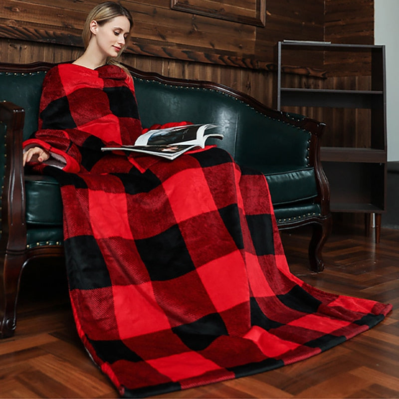 Manta de sofá a cuadros, manta ponderada de lana suave y cálida para invierno con mangas, manta de TV larga perezosa de felpa gruesa de viaje
