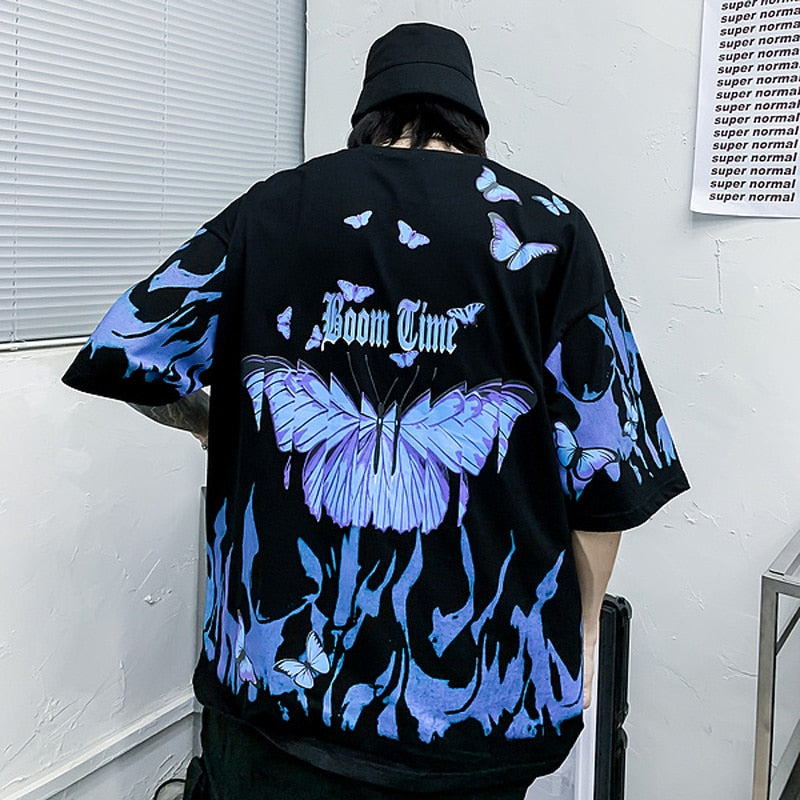 Flamme Schmetterling Druck Kurzarm T-Shirt Hip Hop Herren T-Shirt 2020 Neuer Sommer Übergroße Baumwolle Lose Top Trend Design Dropship