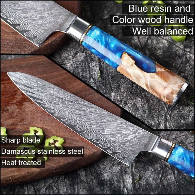 Juego de cuchillos de cocina XITUO, cuchillo de Chef de acero de Damasco, cuchillo de carnicero para pelar, cuchillo de pan, herramienta de cocina, mango de resina azul, 1-6 unids/set