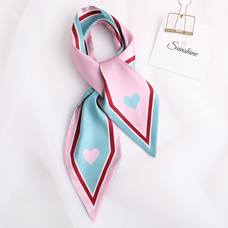 Sweet Love Print Women Small Silk Scarf Handle Bag Ribbons Female Head Scarves Sharp angle Green  90*10cm