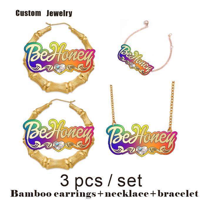 BeHoney Mode Einfach Persönlichkeit Acryl Name Bambus Ohrringe Cartoons Regenbogen Name Halskette Schmuck Weihnachtsgeschenk C4