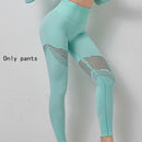 Conjuntos de Yoga, ropa de gimnasio para mujer, Tops cortos de manga larga sin costuras, mallas deportivas de malla, pantalones de entrenamiento para correr, pantalones de cintura alta, ropa de Fitness