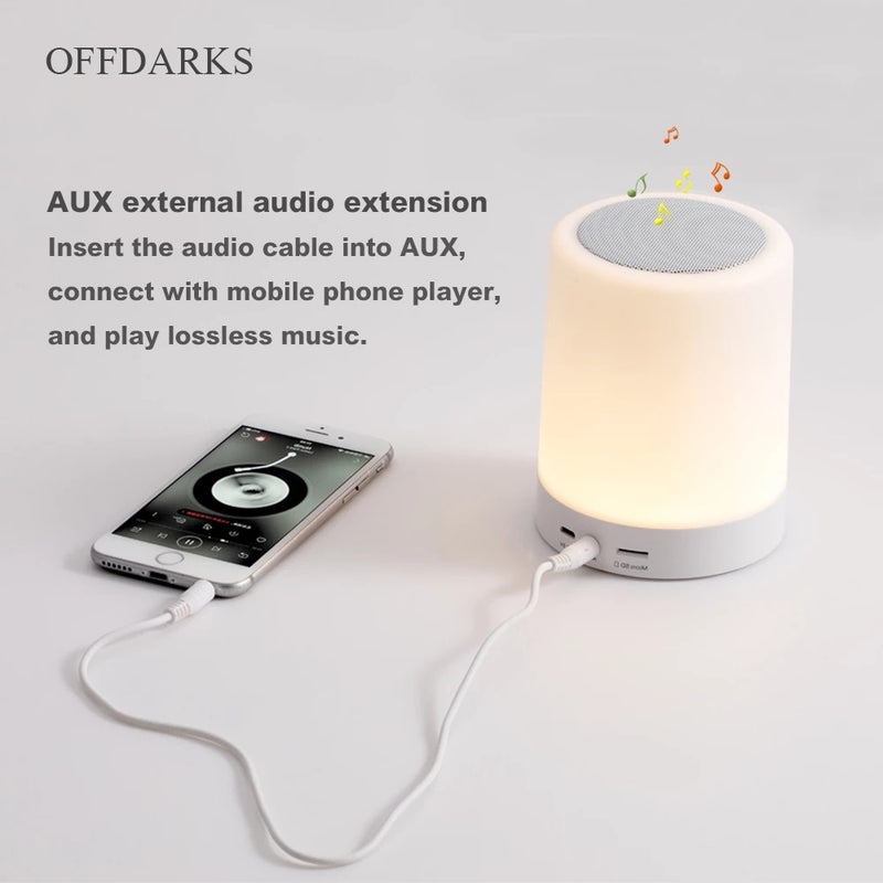 OFFDARKS Altavoz Bluetooth inteligente LED luz nocturna Control táctil carga USB portátil dormitorio infantil RGB lámpara de noche regulable