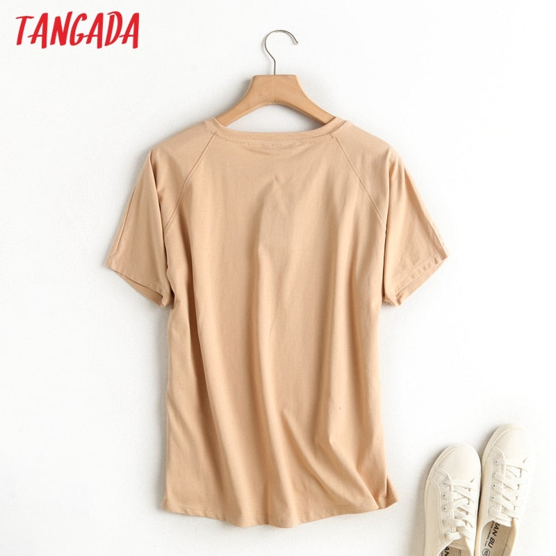 Tangada 2022 women khaki basic cotton T shirt short sleeve O neck tees ladies casual tee shirt street wear top 6D5