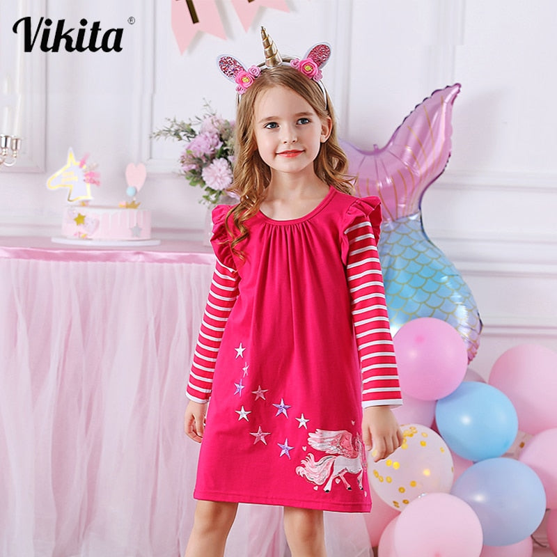 VIKITA Girls Striped Dress Kids Unicorn Dresses for Girl Clothes Toddlers Casual Cotton Dress Kids Autumn Long Sleeve Vestidos