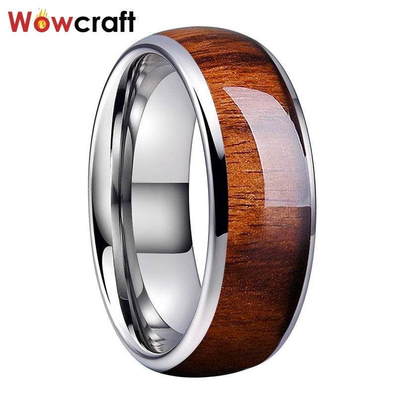 8mm Koa Nature Wood Inlay Tungsten Carbide Ring for Men Wedding Band Polished Shiny Comfort Fit