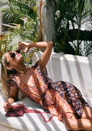 2020 Bohemia Camellia Blumendruck Sommerkleid Urlaub Frau Schnürung Taille Einreiher Kurzarm Kleider Strand