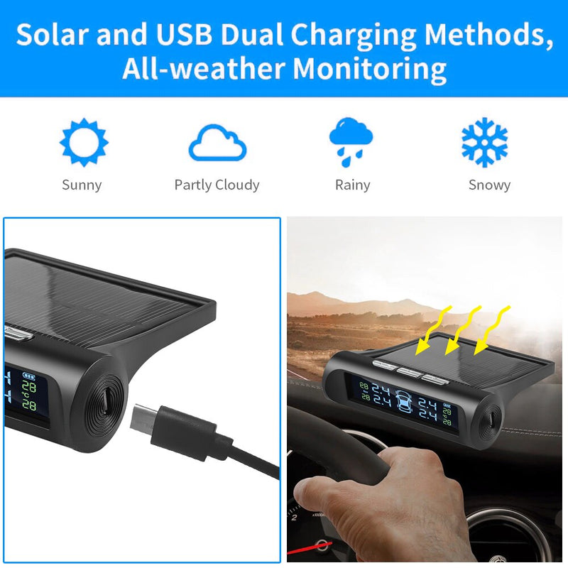 433,92 MHz Auto TPMS Digital Solar Power Auto Reifendrucküberwachungssystem mit 4 Sensoren USB Auto Security Alarm Tool PSI BAR