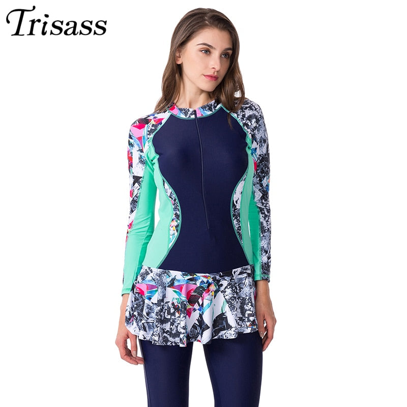 Trisass 2021 New Women One Piece Skirt Swimsuit Sports Bathing suit Plus Size Swimwear Print Long Sleeve Pants Zipper Surf suit