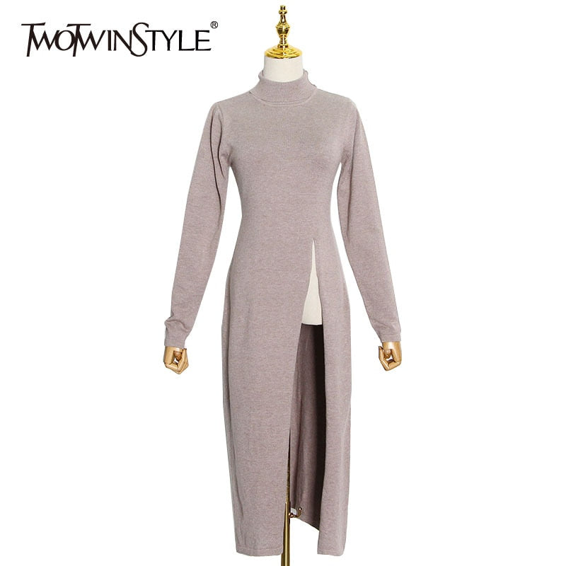 TWOTWINSTYLE Minimalist Side Split Sweater For Women Turtleneck Long Sleeve High Waist Slim Sweaters Female 2021 Fall Fashion