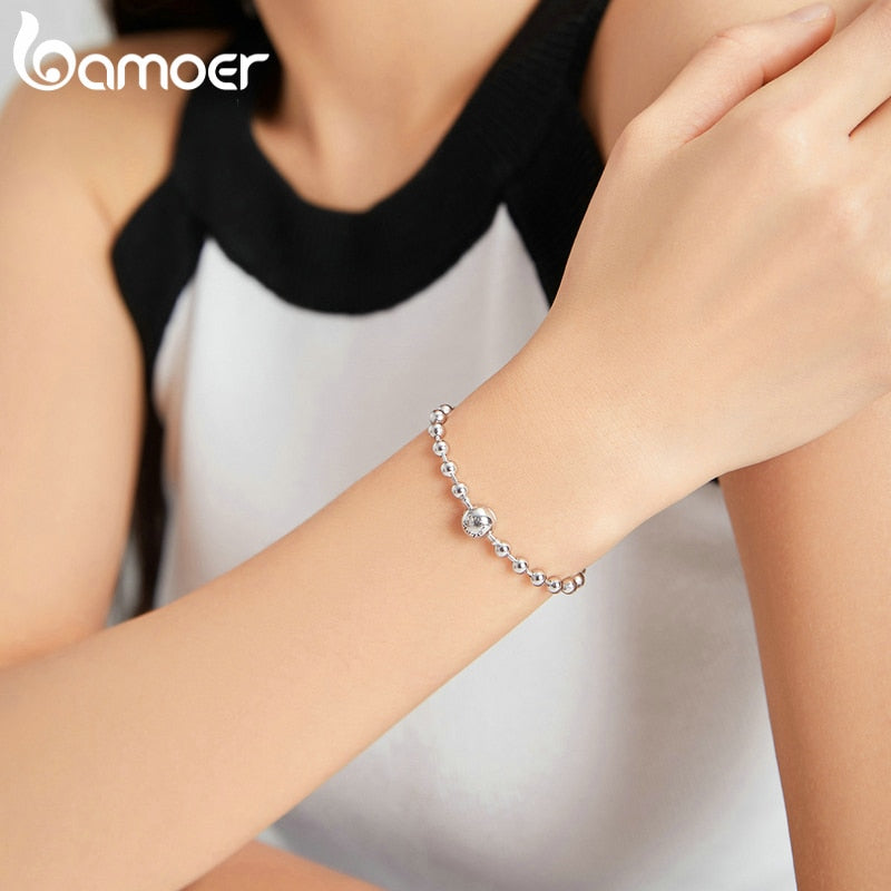 Bamoer, pulsera de cuentas redondas de plata pura de plata de ley 925, cadena de amor para siempre, pulseras básicas de moda para mujer SCB208