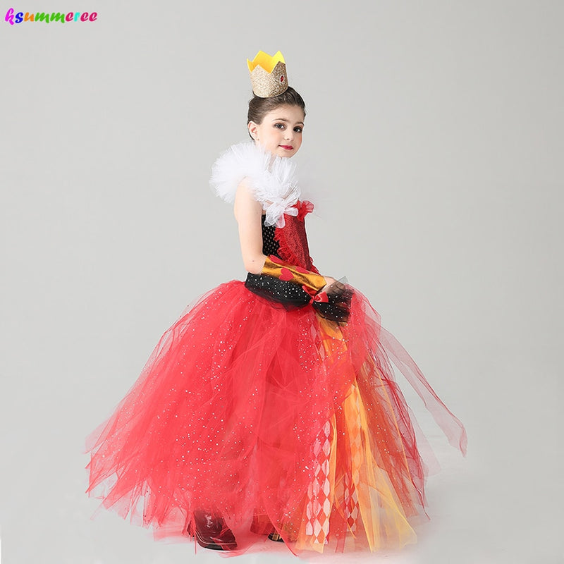 Mädchen Königin der Herzen Kostüm Wunderland Märchen Kostüm funkelnde Kinder böse rote Königin Tutu Kleid Halloween Bösewicht Kleidung