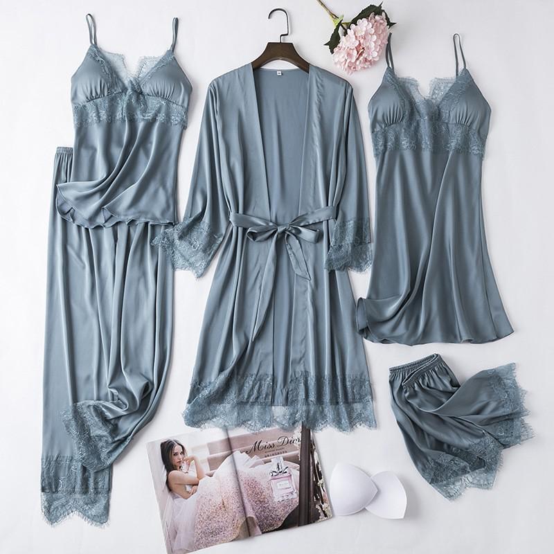 Satin Lady Robes Suit Sexy Kimono Bathrobe Gown Full Slip Lace Nightwear With Strap Nightgown Lingerie Summer Sleepwear With Bow