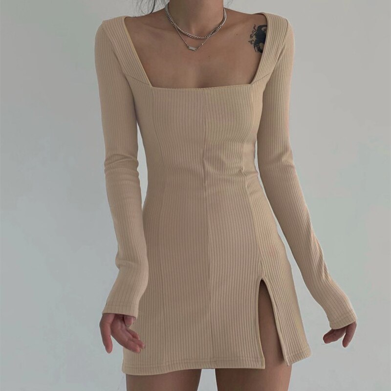 Rockmore Split encaje Sexy Mini vestido mujer transparente manga larga ceñido al cuerpo cuello cuadrado por encima de la rodilla vestidos vestido de fiesta Vedtidos