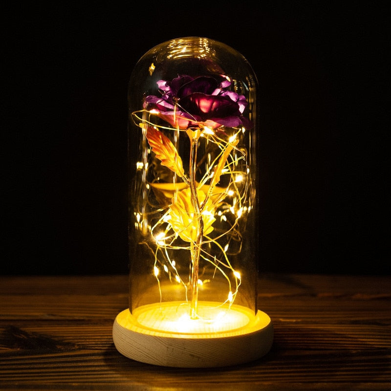 LED Enchanted Galaxy Rose Ewige 24 Karat Goldfolie Blume mit Lichterketten in Kuppel für Heimdekoration Weihnachten Valentinstagsgeschenk