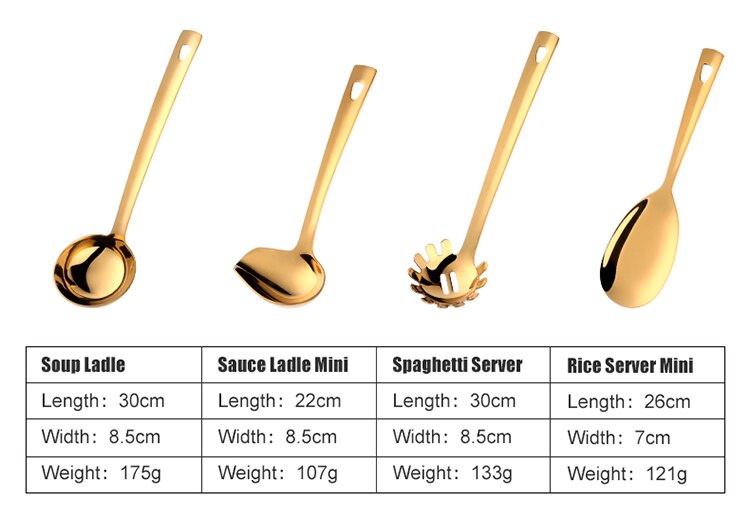 4/12pcs Stainless Steel Kitchen Utensils Gold Cooking Tool Long Serving Sets Scoop Spoon Fork Turner Ladle Cake Shovel