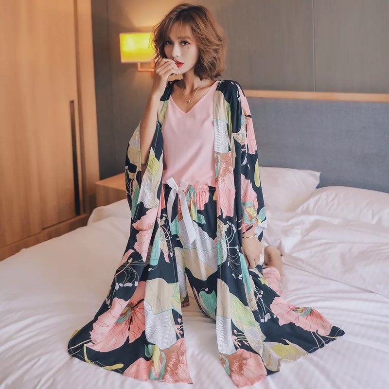 Autumn Ladies Pajama Set Cotton Satin 4Pcs Set Cardigan+Vest+Pants+Shorts Floral Printed Elegant Femme Tender Sleepwear Homewear