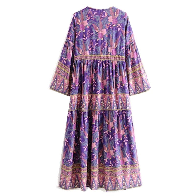 2019 Bohemia V neck Purple Leaves Floral print Dress Ethnic Woman Flare Long Sleeve Stitching Pleated Hem Dresses Holiday Beach