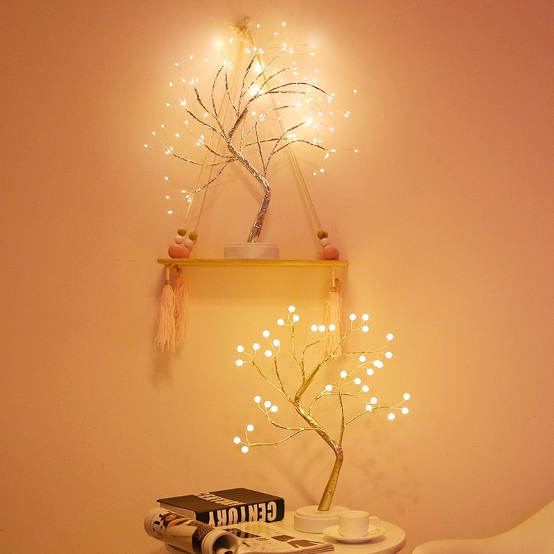 Alambre de cobre LED luz de noche árbol luces de hadas decoración del hogar lámpara de noche para dormitorio lámpara de mesita de noche USB y funciona con batería