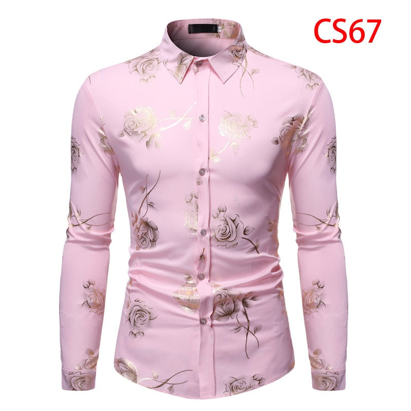 Herren Gold Rose Blumendruck Hemden Marke Floral Steampunk Chemise Weiß Langarm Hochzeit Party Bronzing Camisa Masculina