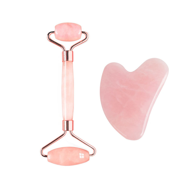 Rose Quartz Roller with Gua Sha Set for Face 100% Natural Authentic Facial Crystal Massager Skin Eyes Neck Tones Firms Depuffs