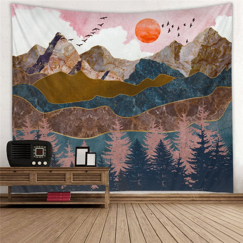 Wandteppich im japanischen Stil, abstrakter bemalter Wal, Sonnenuntergang, Bergwald, Hippie-Mandala, Wandteppich, Landschaft, Wandbehang