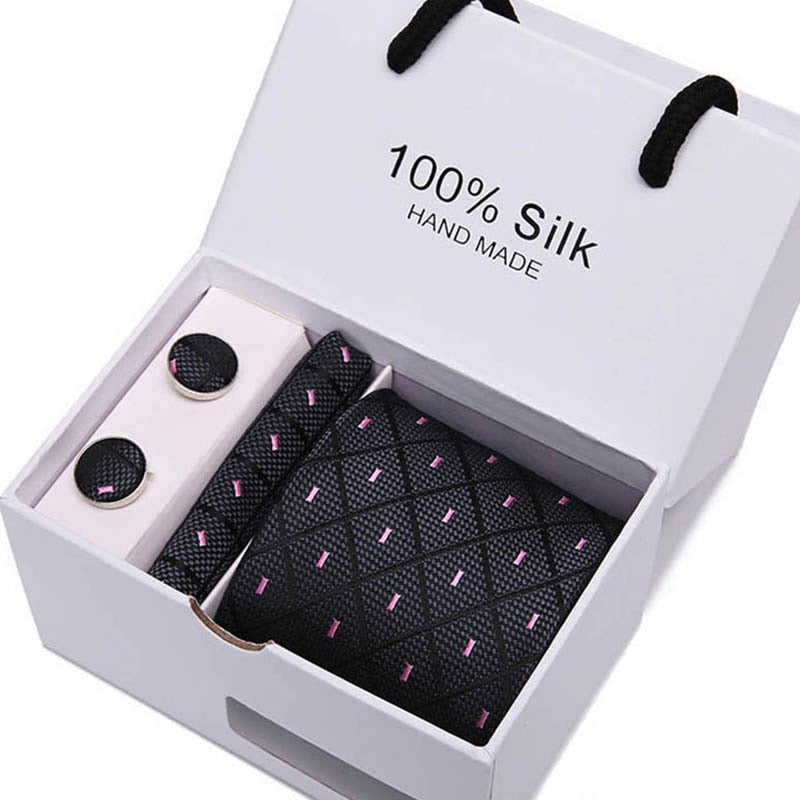 Gift box Packing  Brand Luxury Necktie Pocket Square Wedding Mens Neck TIes Silk Tie Set  Cufflinks Handkerchief