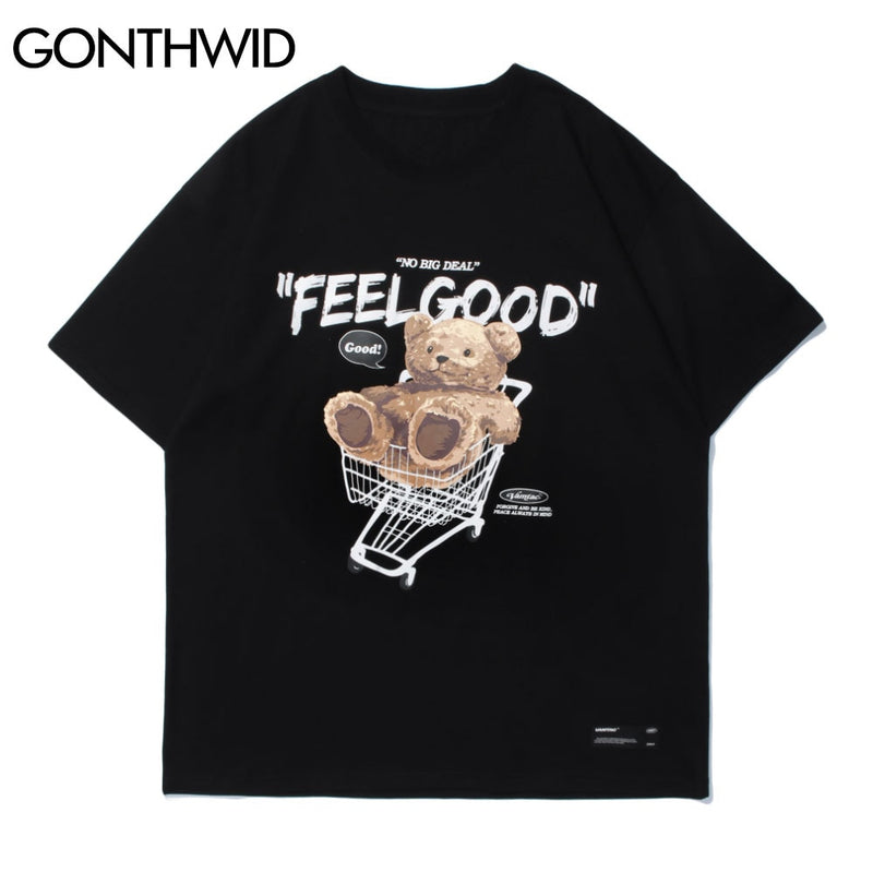 GONTHWID Short Sleeve Tees Harajuku Streetwear Toy Bear Shopping Cart Print T-Shirts Cotton Casual Hip Hop Loose Tshirts Tops