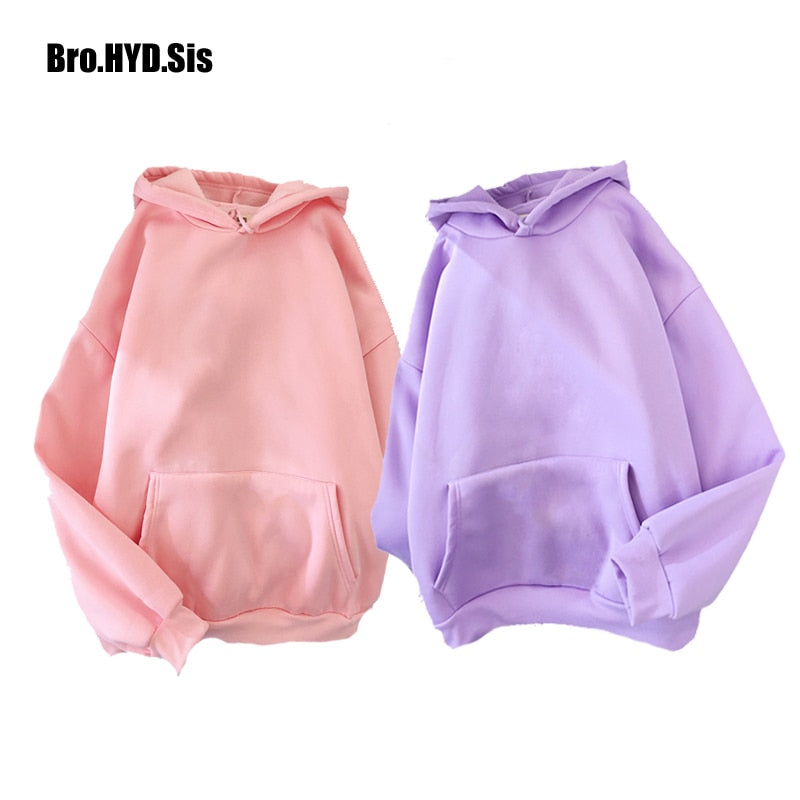 Harajuku Solid Color Women Hoodies Pullover Simple Style Loose Fit Spring Autum Fleece Hooded Sweatshirt Pocket Woman Tops