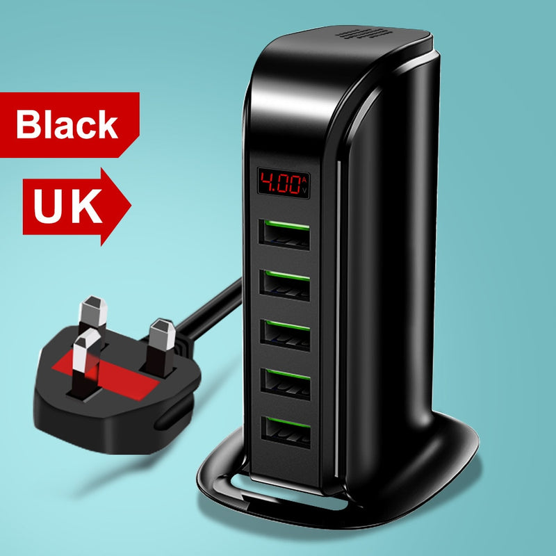 Elough 5-Port-USB-Ladegerät HUB LED-Anzeige Multi-USB-Ladestation Dock Universal-Handy-Desktop-Wand-Heim EU-US-UK-Stecker