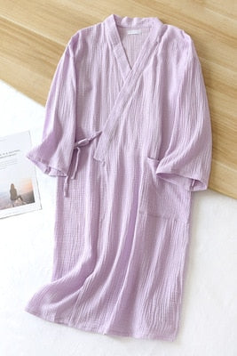 Couples Crepe Gauze Bathrobe Solid 100% Cotton Robe Long-sleeved V-neck Kimono Wedding Robes Sleepwear Plus Size Dressing Gown