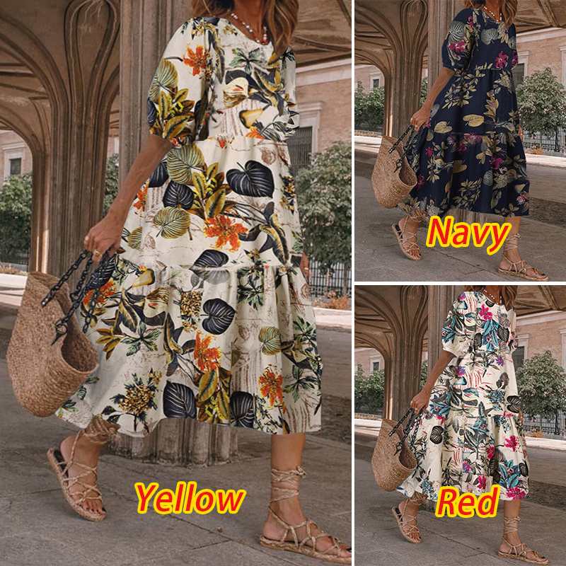 Summer Midi Dress Women's Party Dress Bohemian Short Sleeve Sundress Floral Printed Dress VONDA Casual Robe Femme