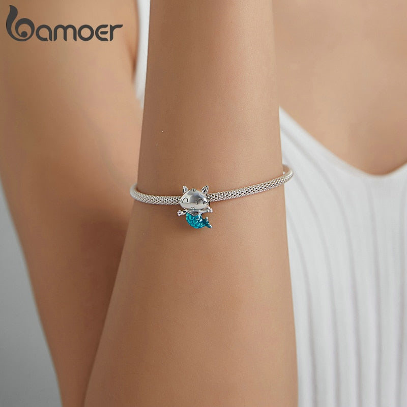 bamoer 925 Sterling Silber Kitty Meerjungfrau Charm blauer Emaille Perlenanhänger für Bettelarmband Armreif zum Selbermachen für Mädchen