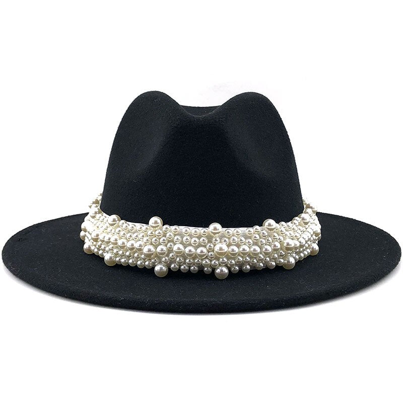 Sombreros de fieltro de lana Jazz para hombre y mujer, sombrero de fieltro con cinta de perlas de cuero, blanco, rosa, amarillo, sombrero de fiesta Formal Trilby de Panamá, 58-61CM