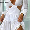 Women Elegant Dress Lace Trim Cutout Puff Sleeve Plunge Dress V Neck Casual Dress Vacation Dress 2021
