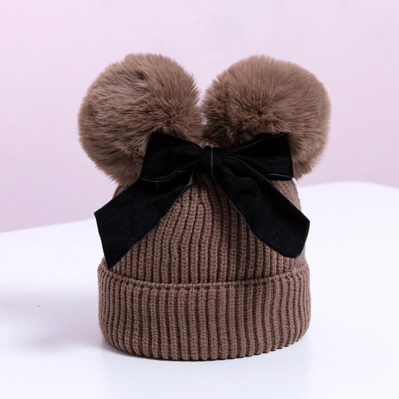 Winter Double Pompom Knitted Hat For Kids Girls Warm Thick Baby Caps With Bow Children&