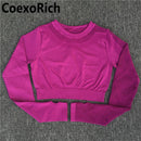 Conjunto de Yoga para mujer, ropa de gimnasio, traje deportivo, Top corto de manga larga calado sin costuras, mallas de entrenamiento de cintura alta, ropa deportiva