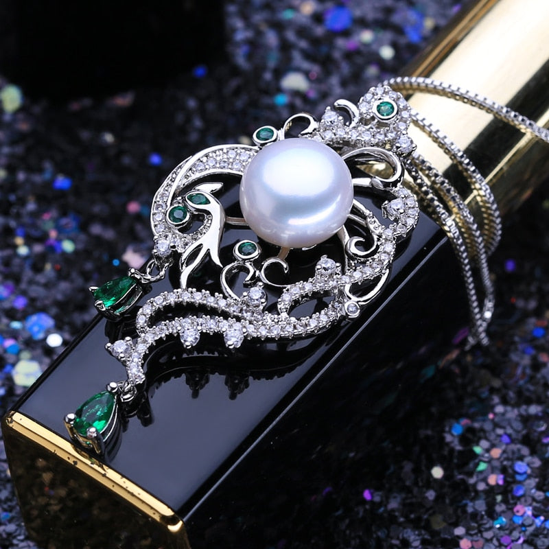 FENASY 925 Sterling Silber Luxus Phoenix Anhänger Halskette Smaragd Bohemian Party Natürliche Süßwasserperlen Halsketten Für Frauen