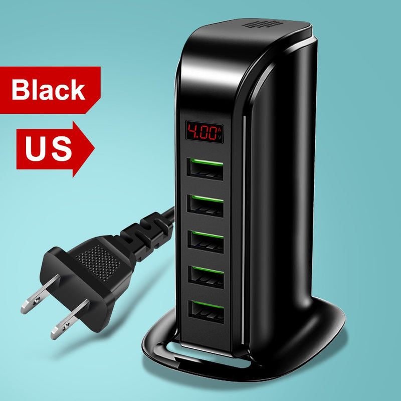 Elough 5 puertos USB cargador HUB pantalla LED Multi USB estación de carga Dock Universal teléfono móvil escritorio pared hogar UE EE. UU. Reino Unido enchufe