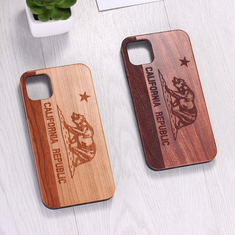 California Republic Bear Real Wood Phone Case Coque Funda For iPhone 14 14ProMax 14Plus 13Promax 13 12 11