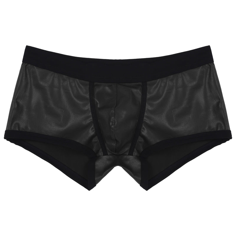 Mens Low Waist Faux Leather Boxer Shorts Sports Swimming Trunks Swimwear Board Shorts Bulge Pouch Elastic Waistband Underpants