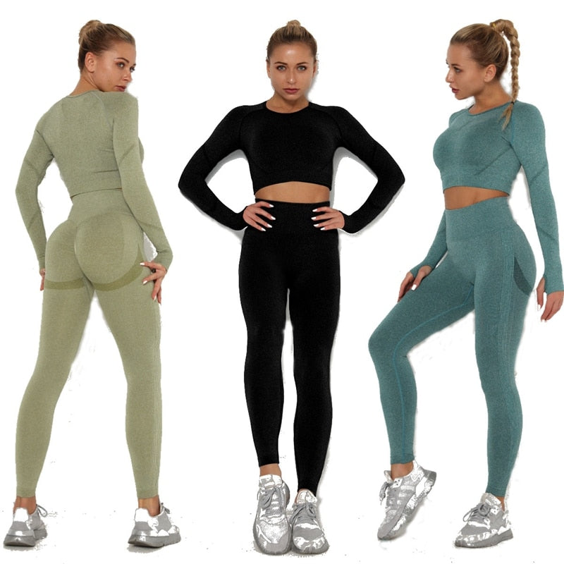 Women Seamless Yoga Set squat proof High Waist Gym Leggings Shirts Suit Long Sleeve tops Fitness Workout Sports Sets