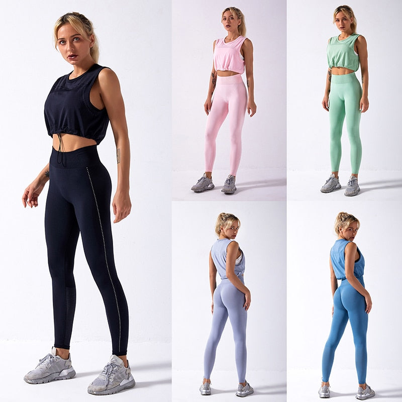 WANYUCL 2021 Seamless Suit Women 2pcs Sport Leggings And Top Workout Sleeveless Vest Elastic Yoga Set Girl Fitness Gym Sportwear