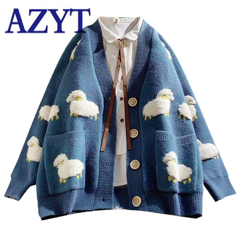 2023 Autumn Winter Knitted Cardigan Cute Cartoon Print V Neck Women Sweater Coat Korean Style Cardigan Sweater For Women