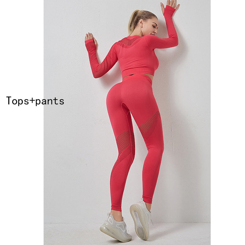 Yoga Sets Damen Gym Kleidung Nahtlose Langarm Crop Tops Mesh Sport Leggings Laufen Workout Hohe Taille Hosen Fitness Wear