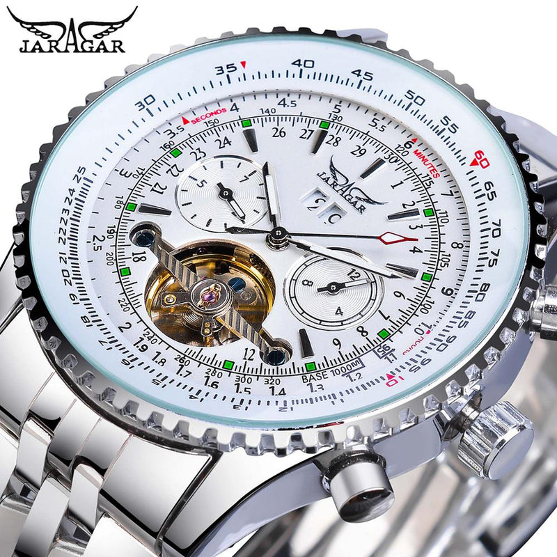 Jaragar 2017 Flying Series Golden Bezel Scale Dial Design Stainless Steel Mens Watch Top Brand Luxury Automatic Mechanical Watch