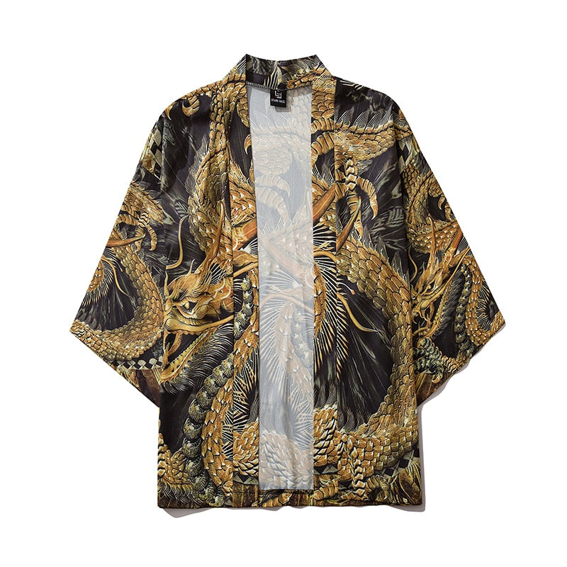 Bebovizi Harajuku Chinese Golden Dragon Kimono Men Women Japanese Streetwear Traditional Cardigan Yukata Male Haori Obi Clothes