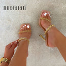 Sandalias de verano para mujer, zapatillas de tacón alto con punta cuadrada para mujer, zapatillas de tacón alto transparentes de PVC, zapatos de cadena a la moda para mujer